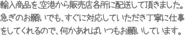 輸入商品を、空港から販売店各所に配送して頂きました。急ぎのお願いでも、すぐに対応していただき丁寧に仕事をしてくれるので、何かあればいつもお願いしています。